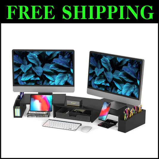 Multi-Functional Black Monitor Stand with Sliding Drawer & Organizers for Desks