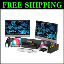 Load image into Gallery viewer, Multi-Functional Black Monitor Stand with Sliding Drawer &amp; Organizers for Desks
