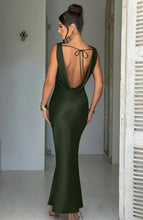 Load image into Gallery viewer, Luxurious Army Green Satin Maxi Dress - Sleeveless High Neck Cocktail Gown