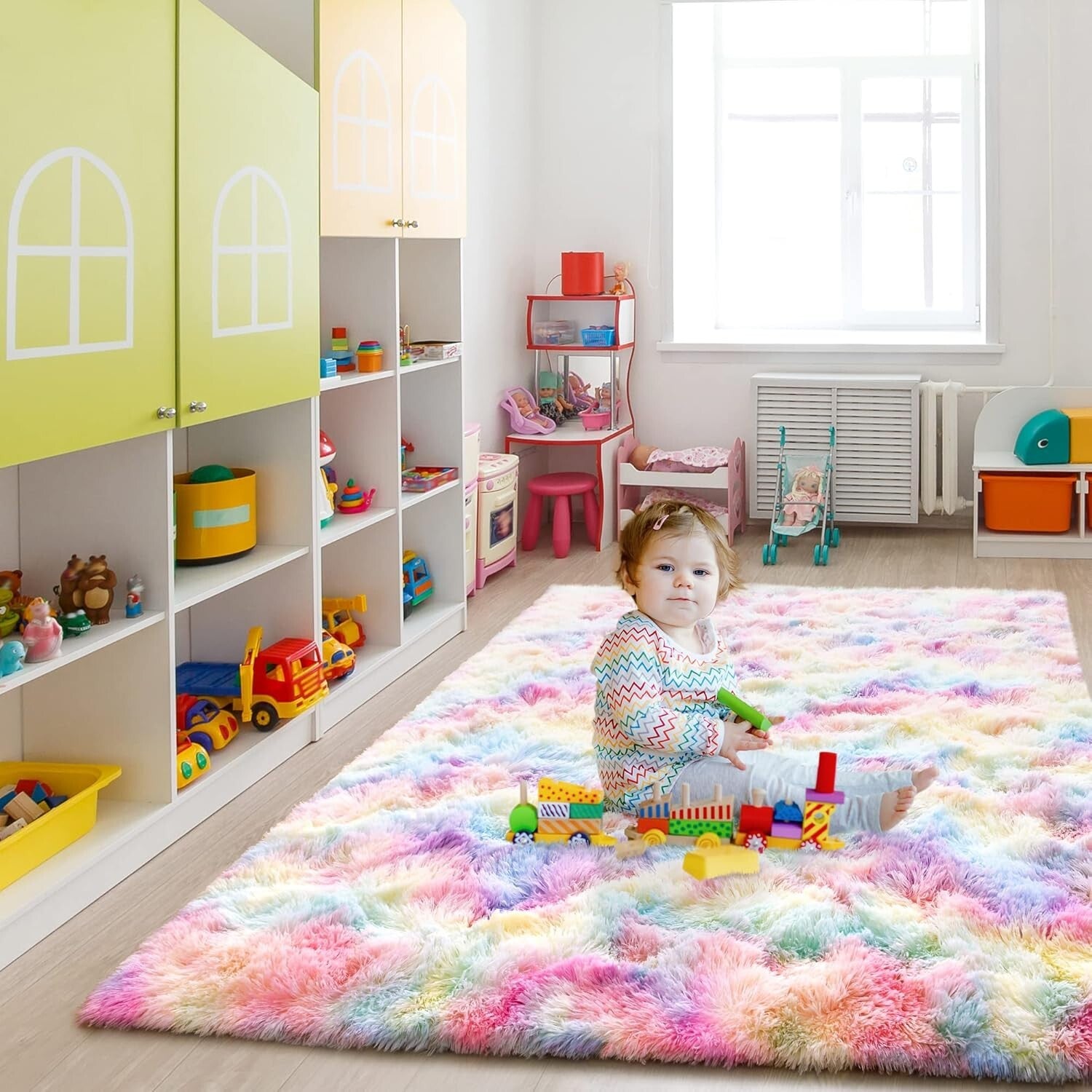 Vibrant 6x9 Fluffy Rainbow Rug for Kids' Playroom & Girls' Bedroom Decor