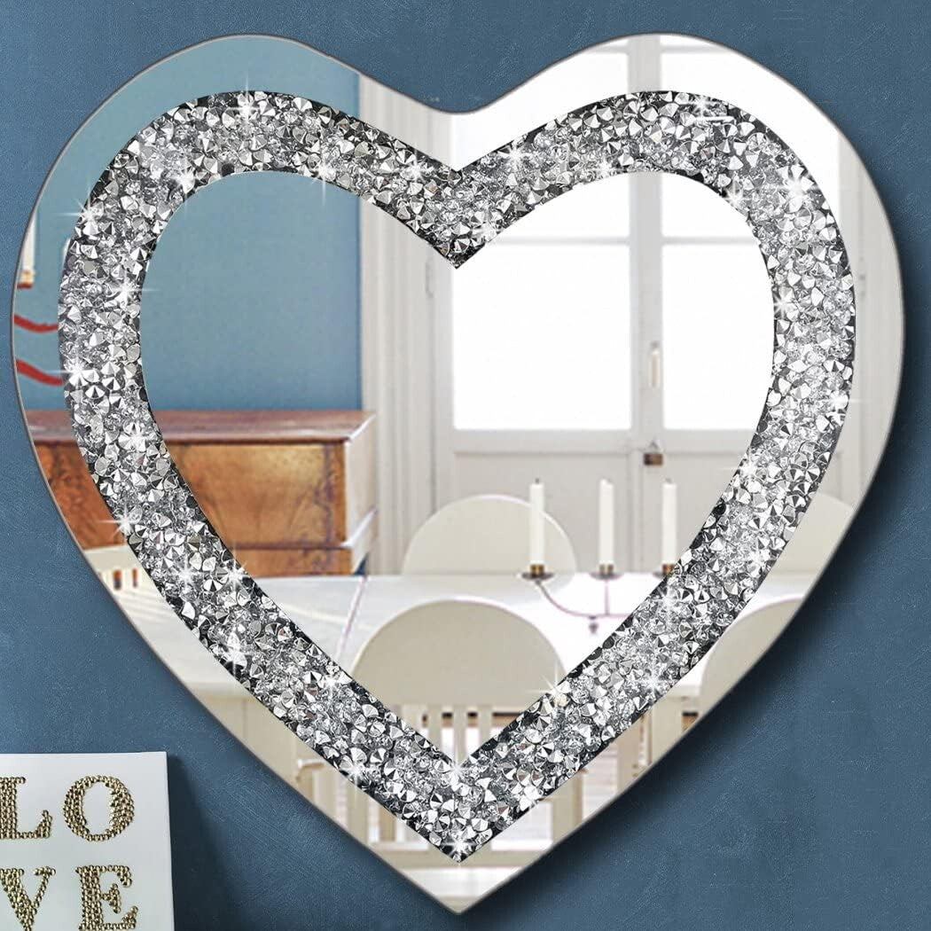 Stunning 24" Frameless Heart-Shaped Mirror with Acrylic Diamonds - Home Decor