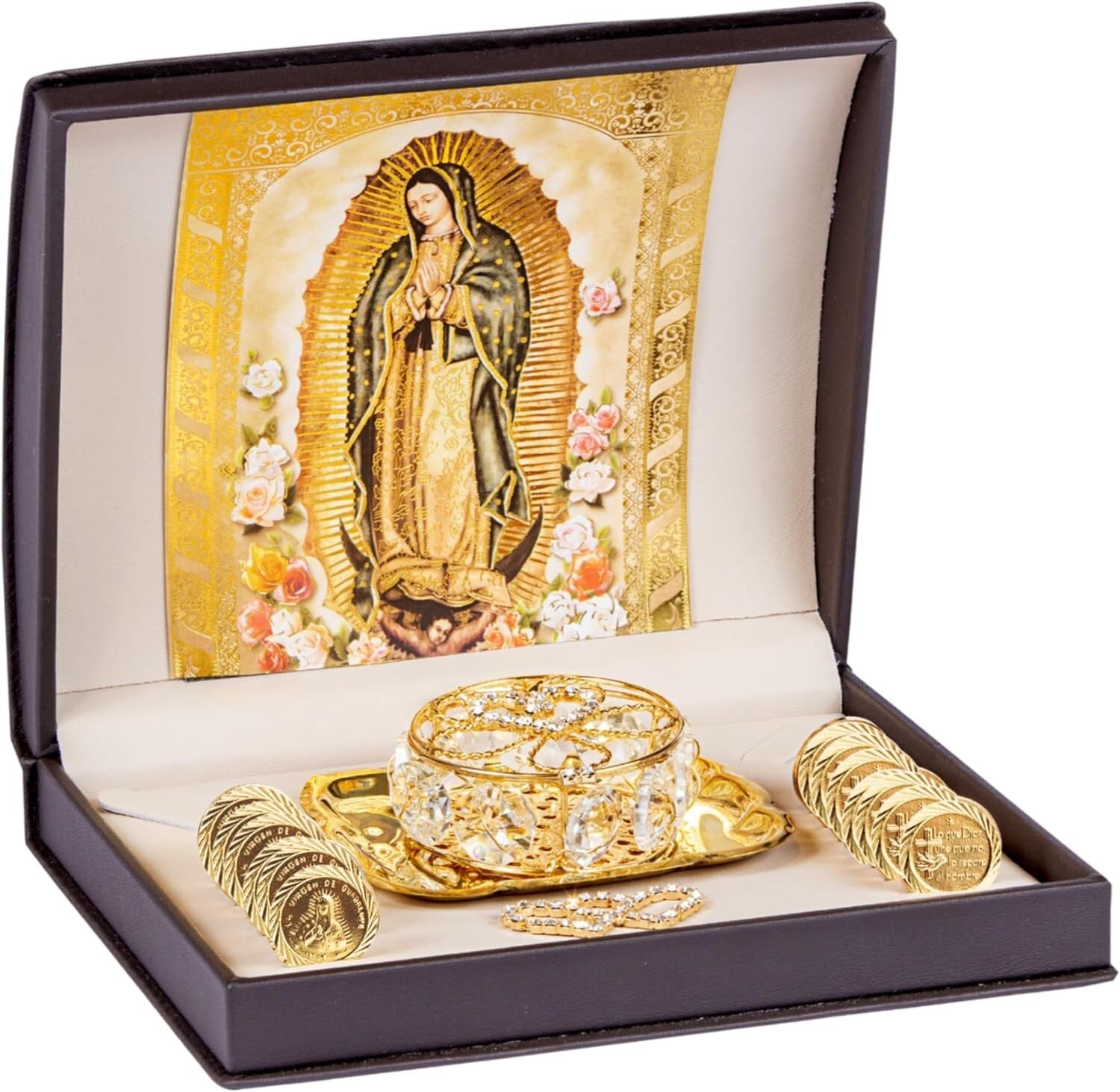 Gold Catholic Wedding Arras Set with Virgen de Guadalupe in Deluxe Gift Box