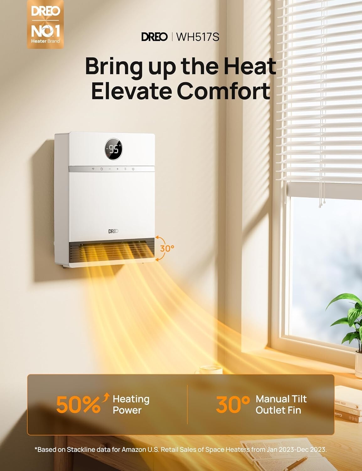 Efficient Indoor Space Heater: IP24 Wall Mount, Remote Control & Adjustable Temp