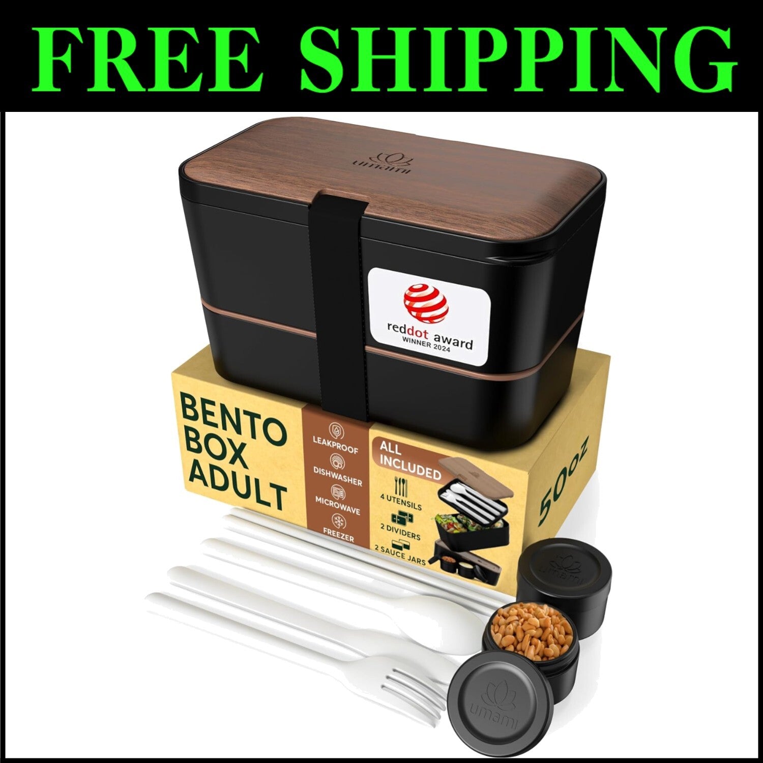 Stylish Leakproof Bento Box with Utensils & sauce jars - 50 oz Lunch Container