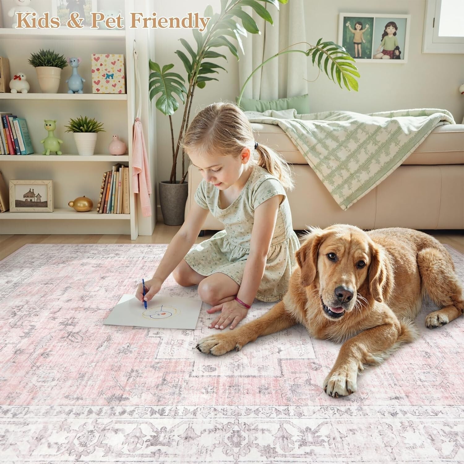 Stain-Resistant 10x14 Pink Rug - Soft, Braided Carpet for Living Room & Nursery