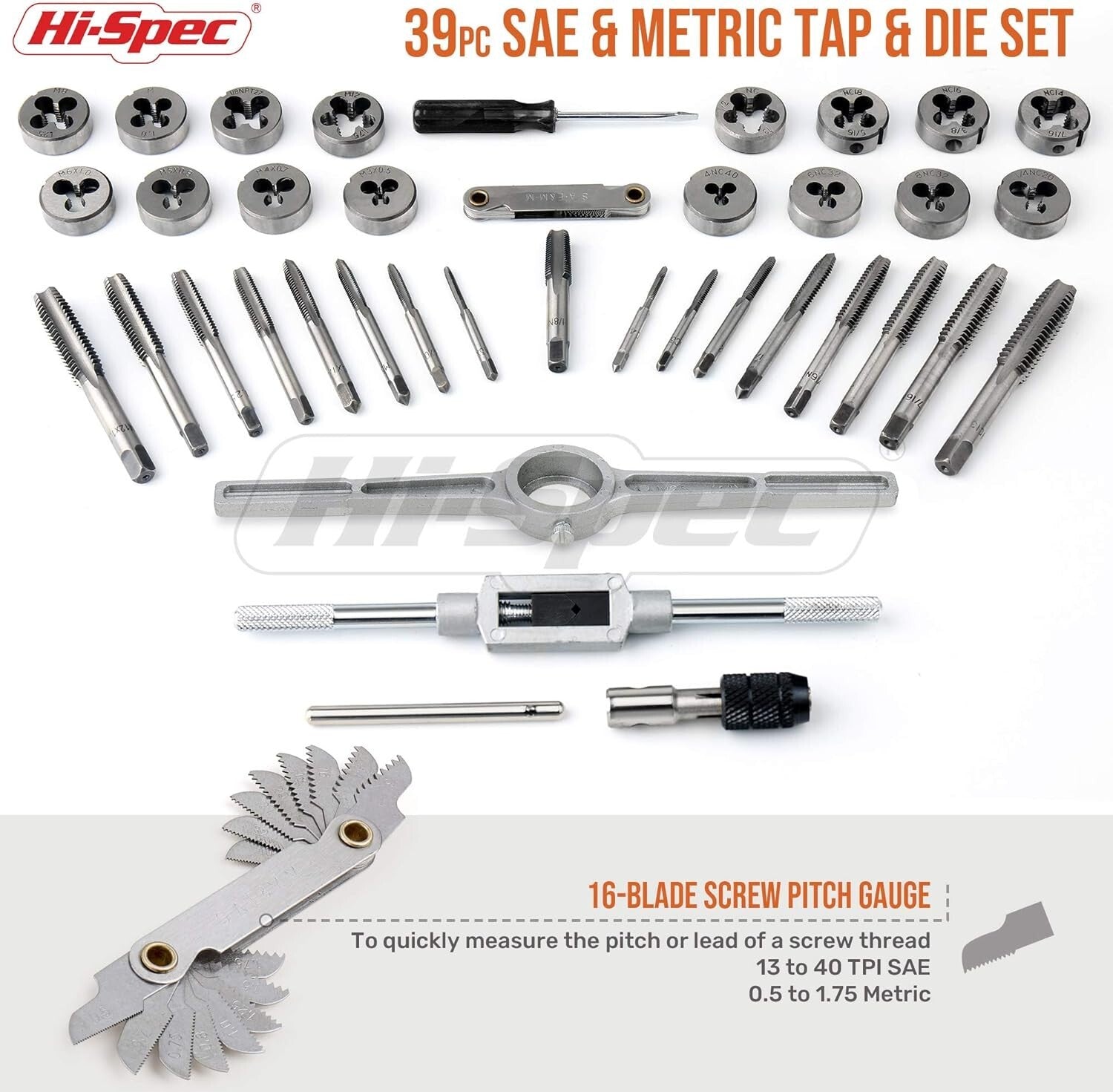 Complete 39-Piece SAE & Metric Tap and Die Tool Set with Screw Pitch Gauge
