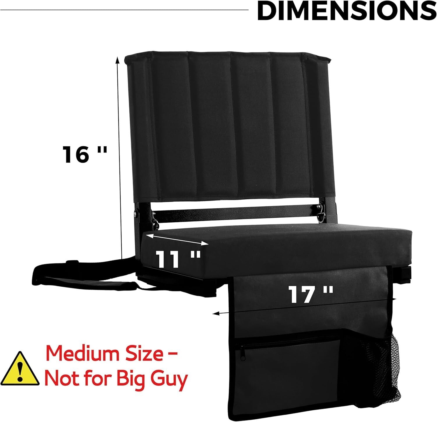 Solid Black Outdoor Bleacher Chair with Cushion and Shoulder Strap - 350 lbs