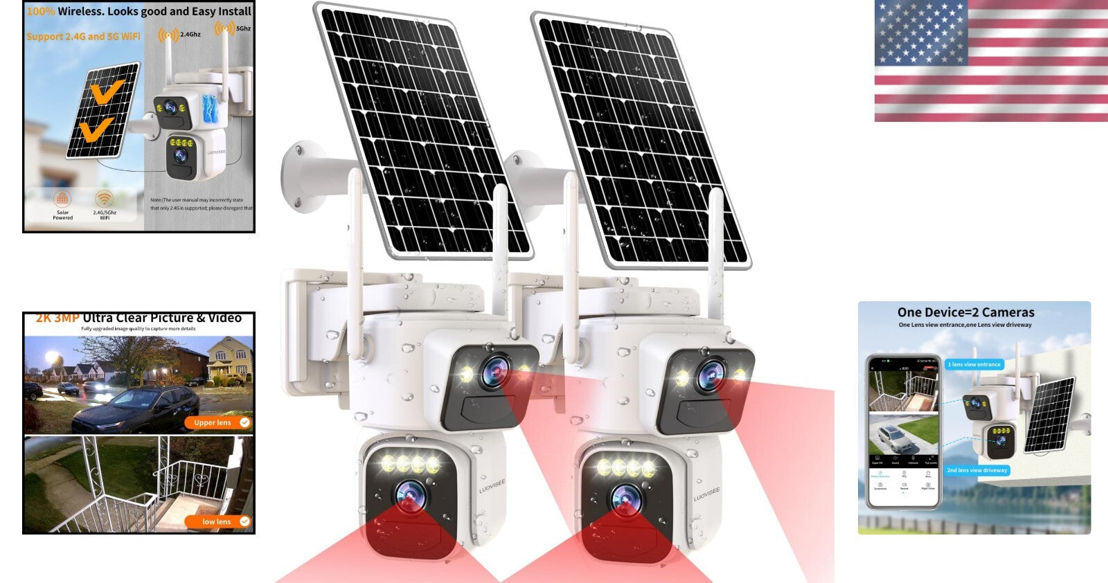Dual Lens Solar Powered Security Cameras - 2K Outdoor WiFi, Color Night Vision