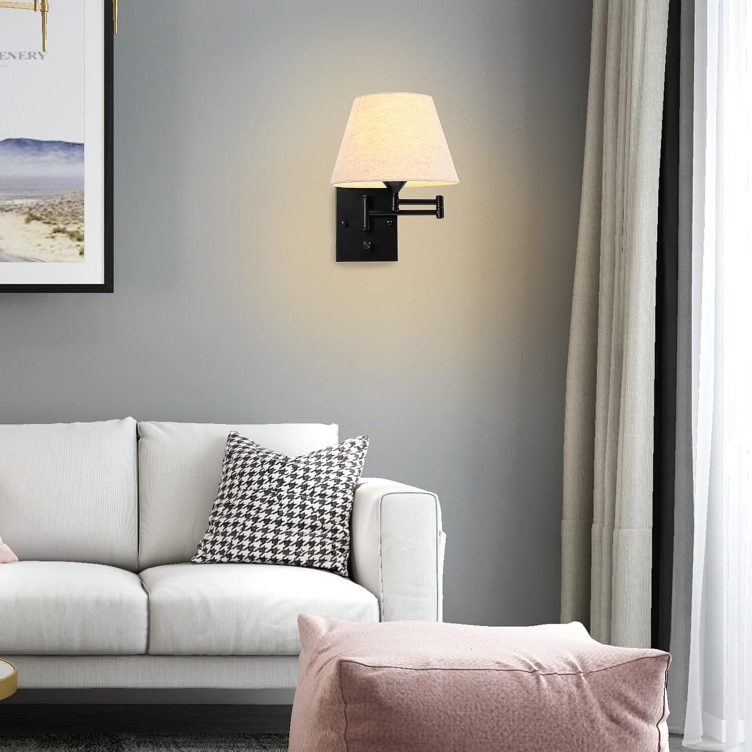 Elegant Plug-In Wall Sconce Set of 2 with Adjustable Swing Arm & Fabric Shade