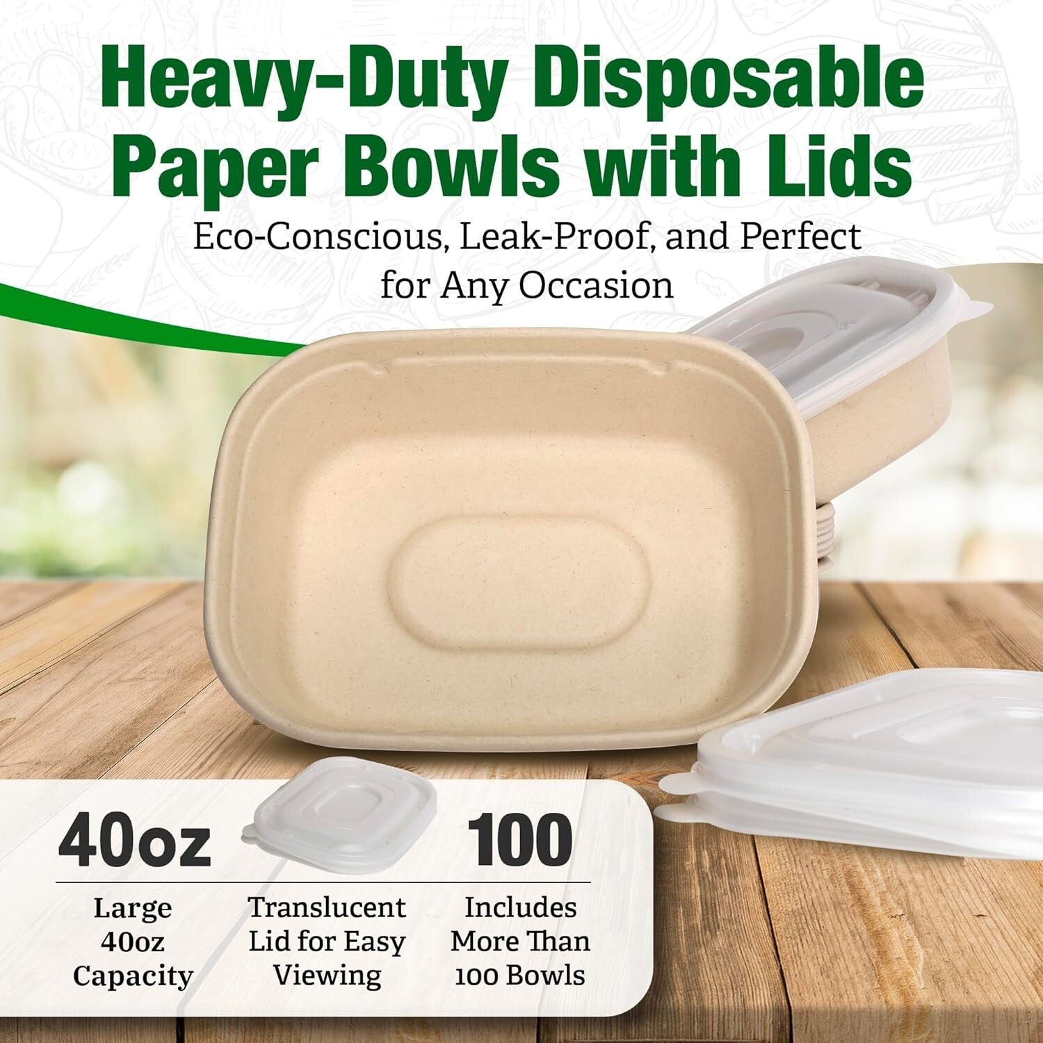 Eco-Friendly 100 Count Oval Paper Bowls - 40 oz, Ideal for Parties & Takeout