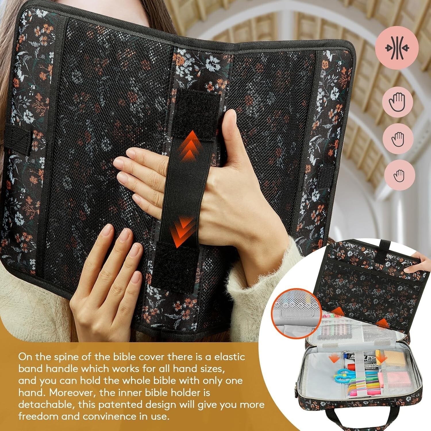 Black Flower Design Bible Cover for Women - Stylish Tote & Organizational Bag