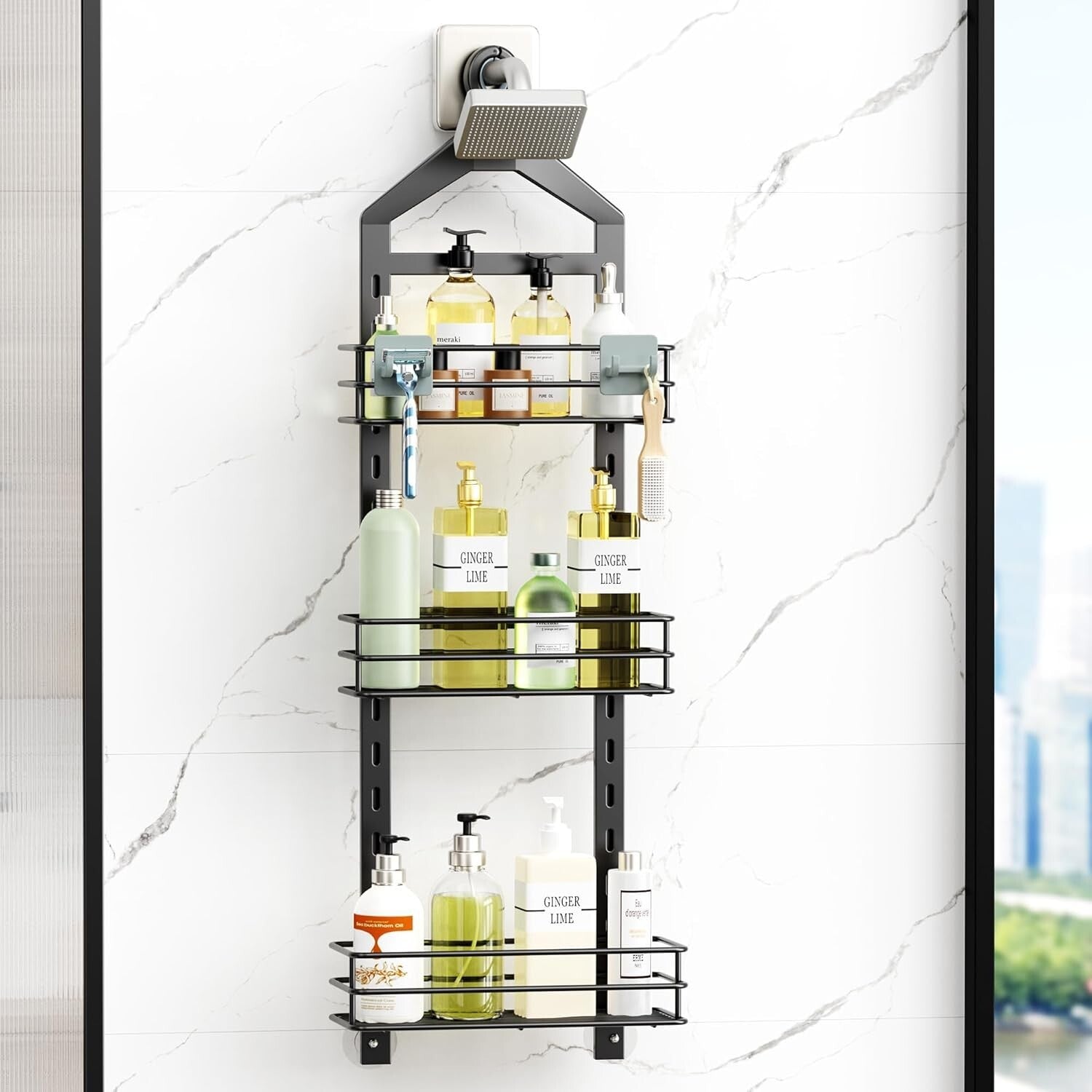3-Tier Rust-Resistant Shower Caddy with Adjustable Shelves – Black Hanging Rack