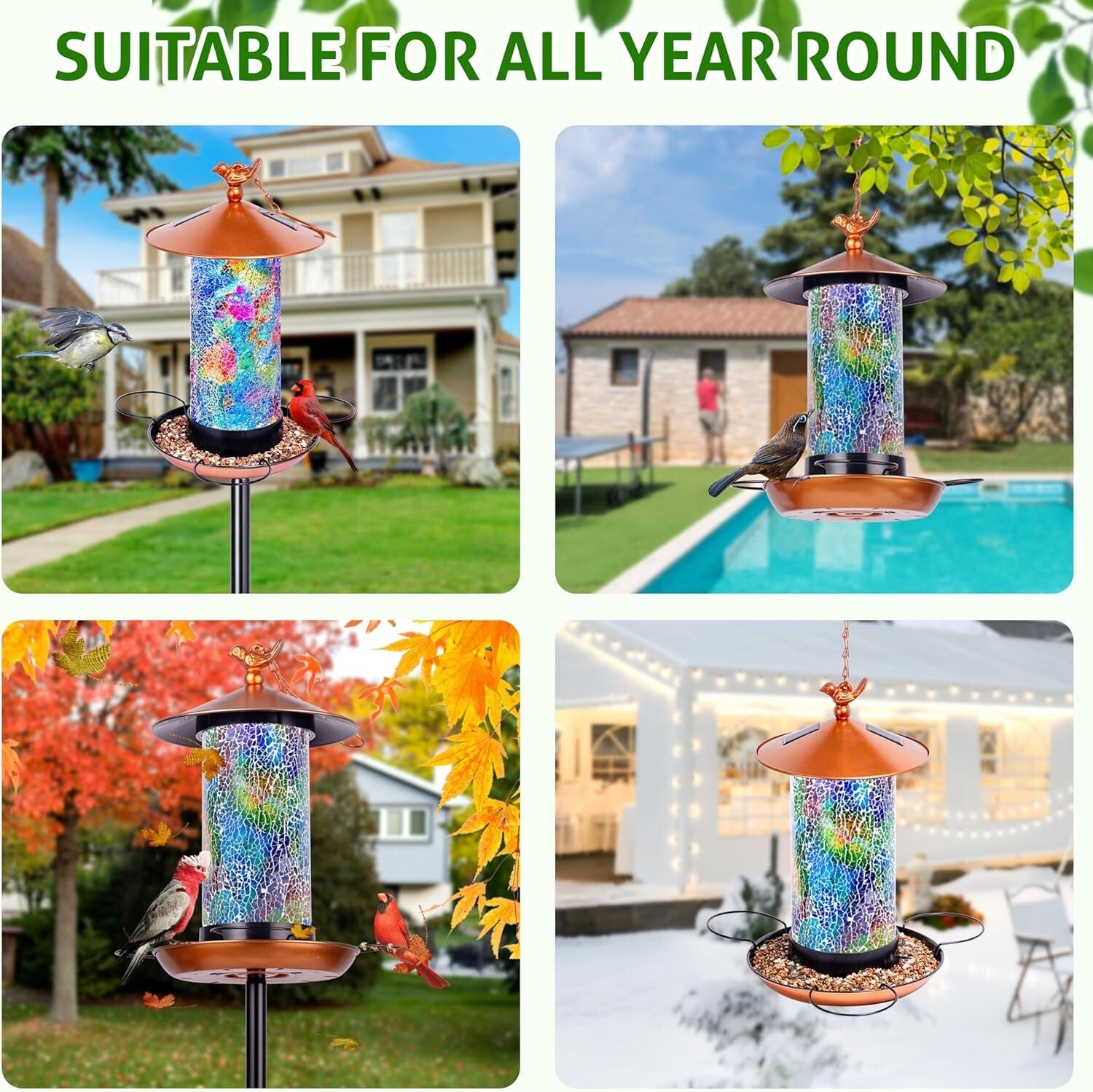 Durable Mosaic Bird Feeder with Solar Function & Height Adjustable Pole Stand