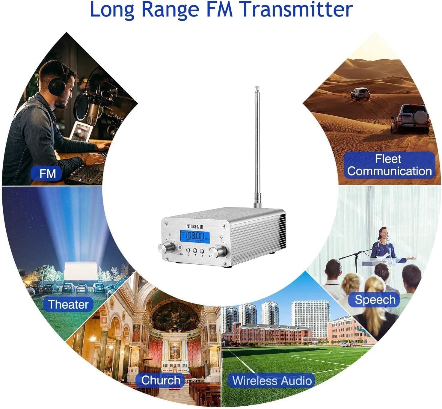 Versatile 15W FM Transmitter with Adjustable Power & Bluetooth Connectivity