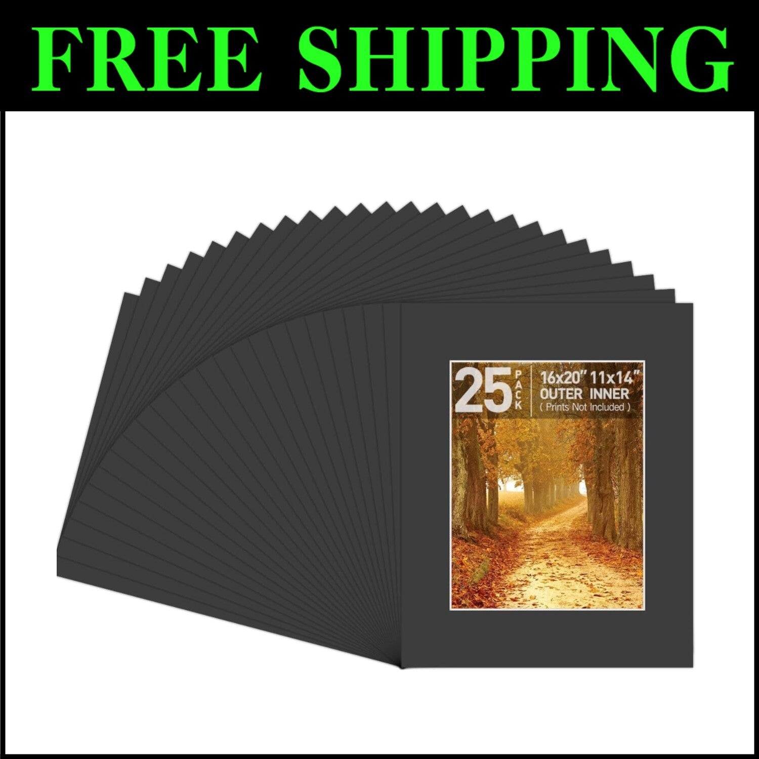 Elegant 16x20 Black Picture Mats with White Core - 25 Count for 11x14 Images