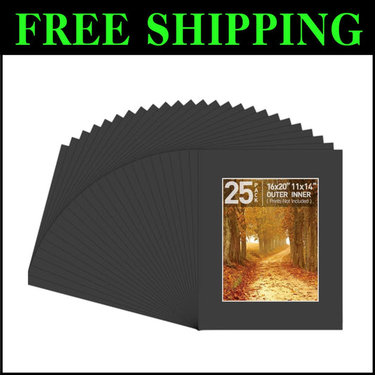 Elegant 16x20 Black Picture Mats with White Core - 25 Count for 11x14 Images