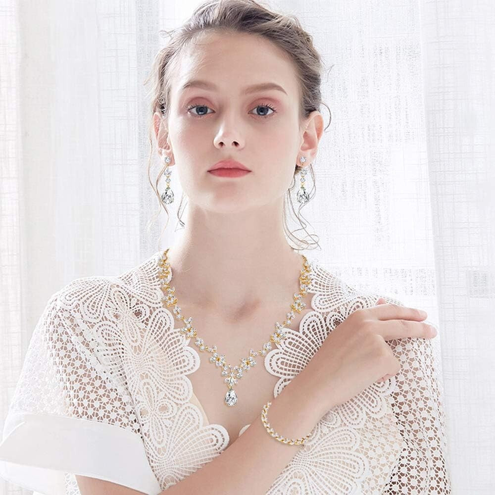 Bridal Jewelry Set: Necklace, Earrings & Adjustable Bracelet - Stunning Elegance