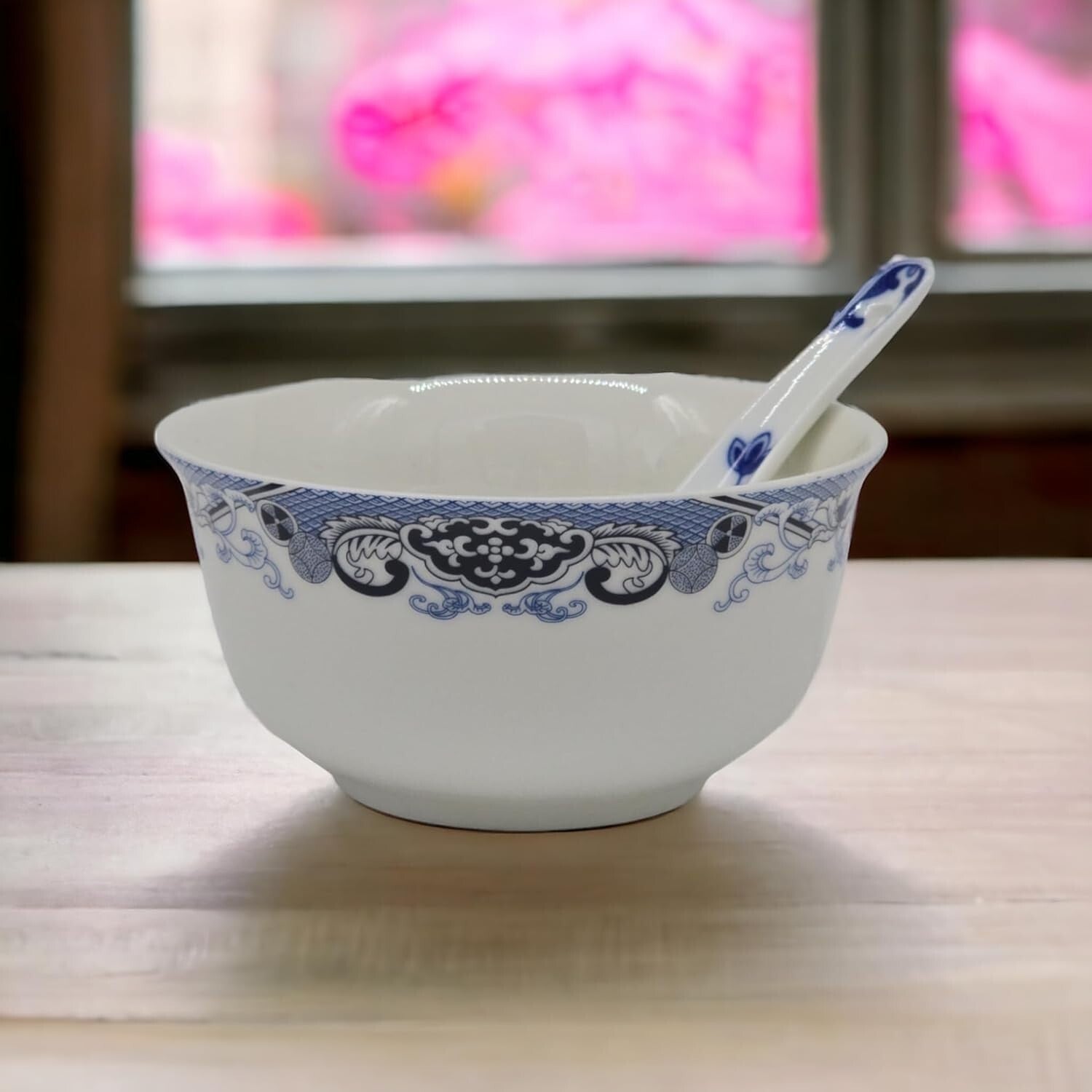 Traditional Blue & White Floral Soup Bowls Set of 6 with Free Porcelain Spoons
