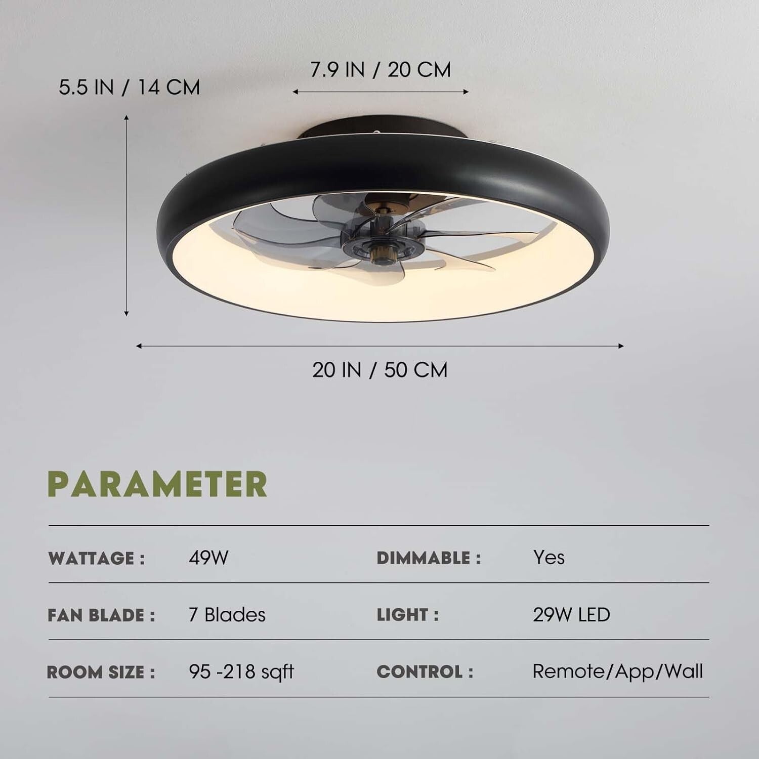 Elegant 20'' Smart Ceiling Fan with Dimmable LED Lights – Remote & App Control