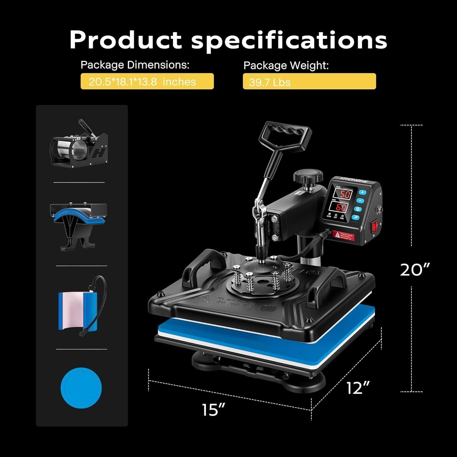 5-in-1 Clamshell Heat Press Machine - 12 x 15 Inch Multifunctional Swing Away