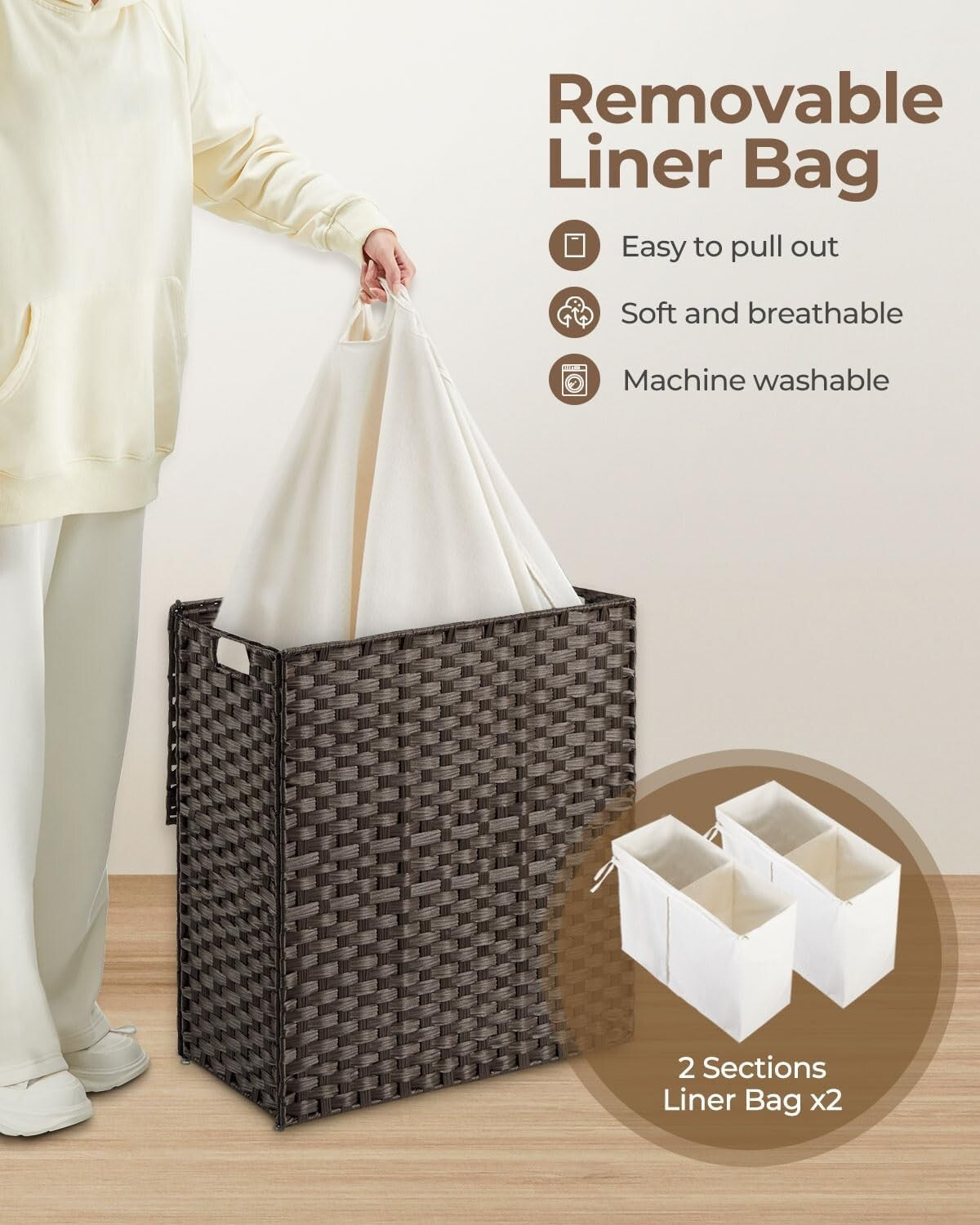 Collapsible Brown Laundry Basket with Removable Liners - No Install Needed