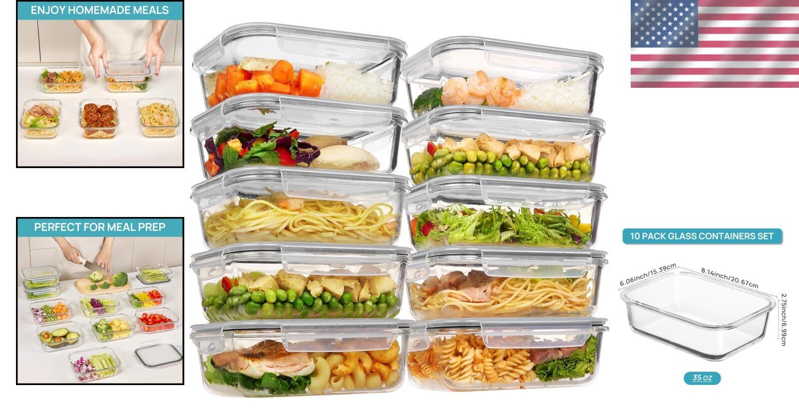 Durable 35oz Glass Storage Containers - Dishwasher & Microwave Safe Meal Prep