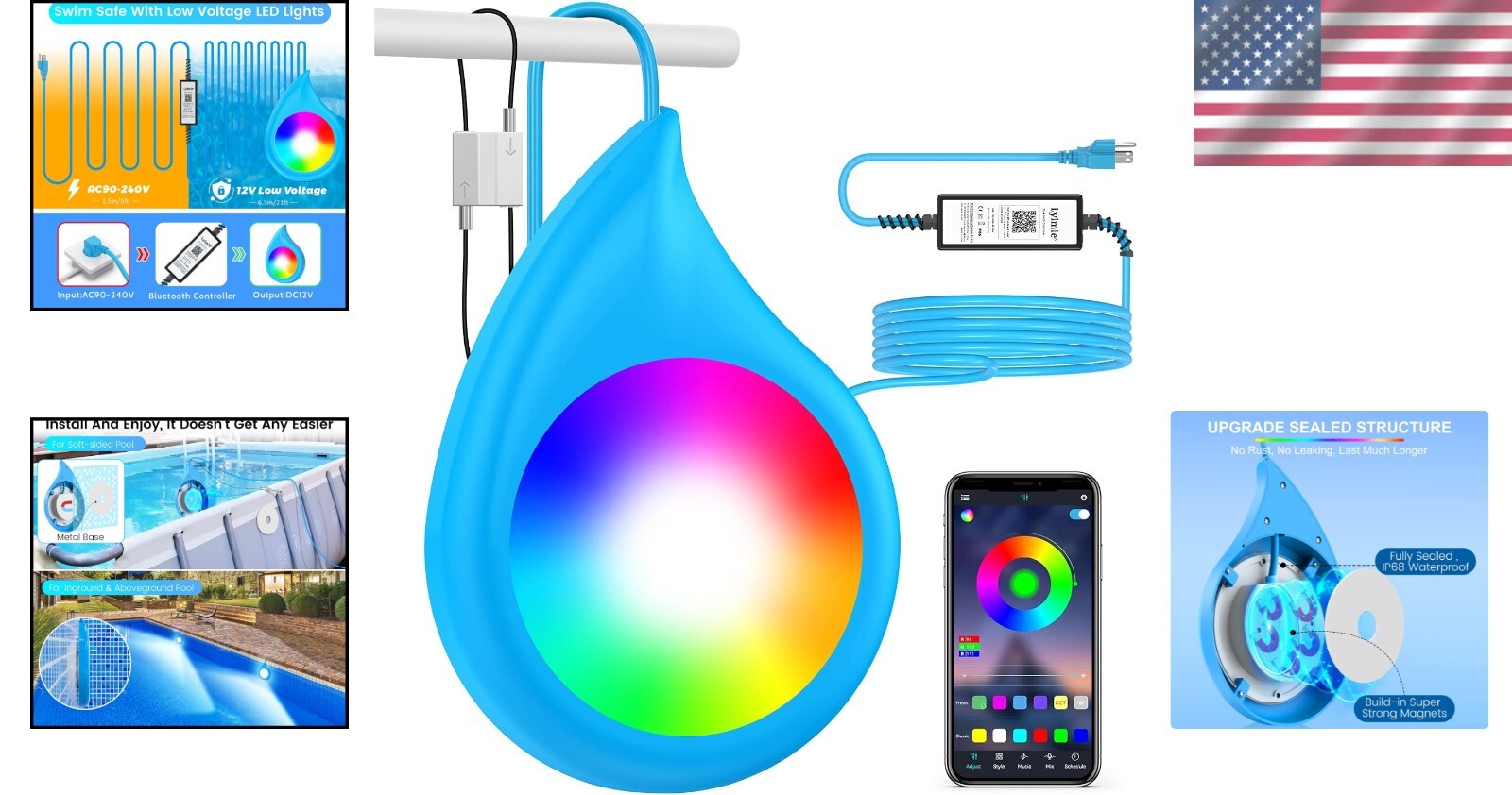 10W RGB Dimmable LED Pool Lights with APP Control - IP68 Waterproof Design