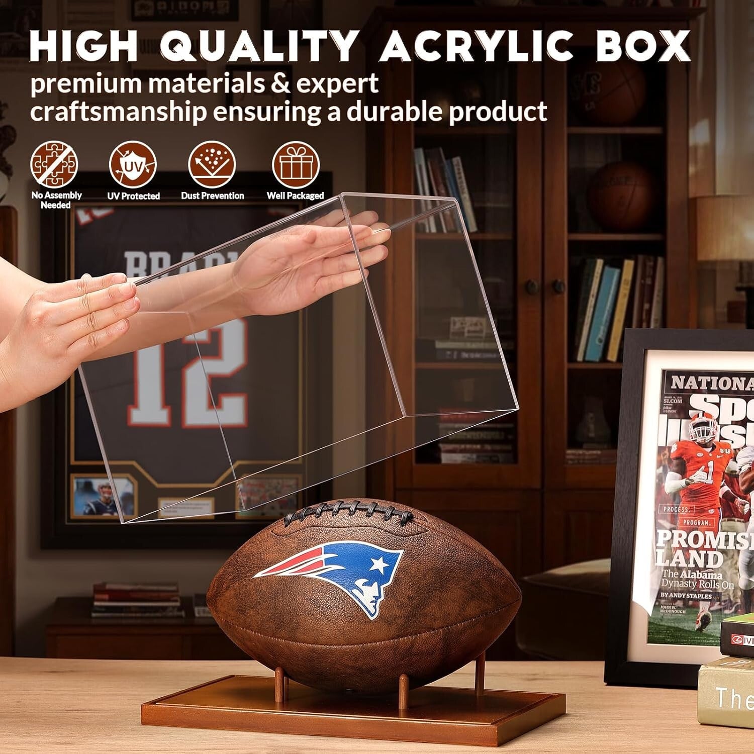 Effortless No-Assembly Football Display Case - Clear Acrylic & Elegant Wood Base
