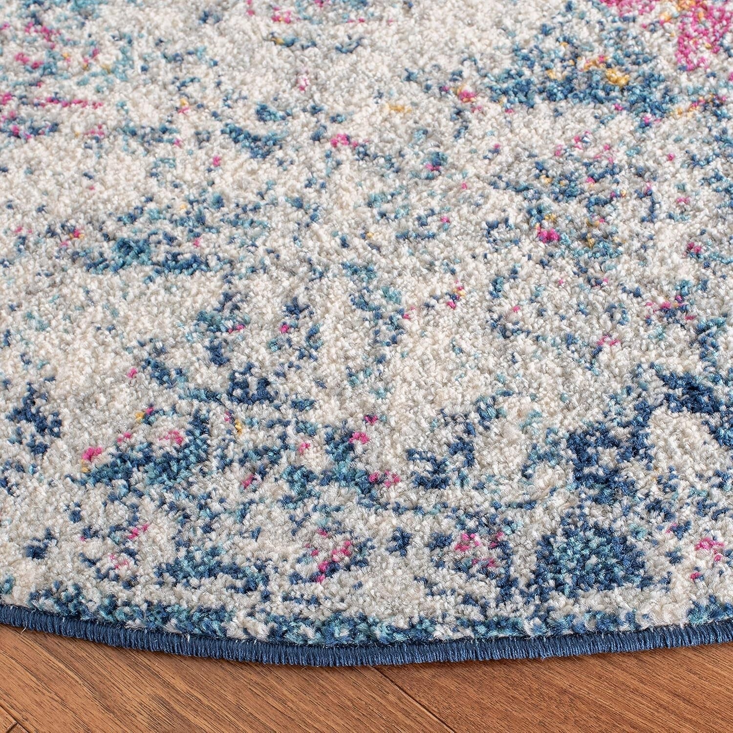 4' Round Navy/Teal Boho Floral Medallion Rug - Stain Resistant & Non-Shedding