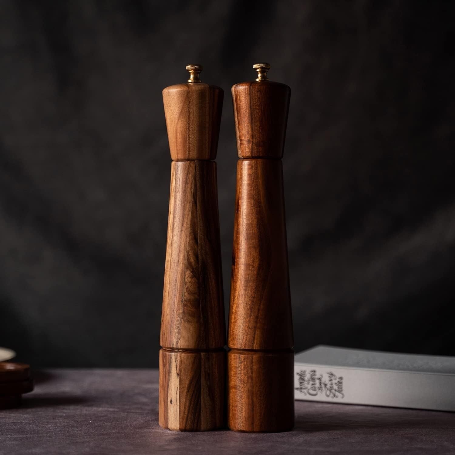 Elegant Acacia Wood Salt and Pepper Grinder Set with Adjustable Ceramic Mill