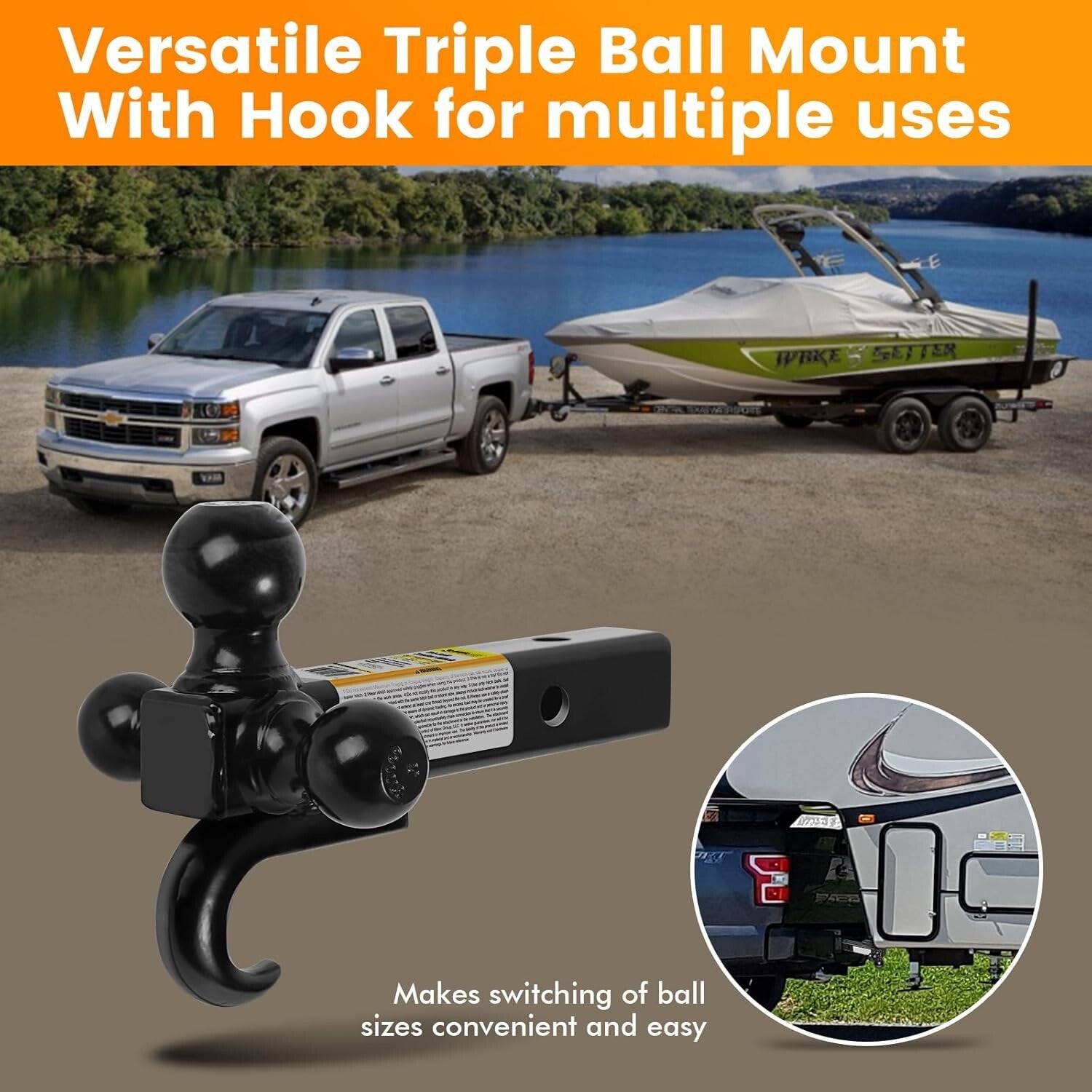 Durable Triple Ball Mount with 10,000 lbs Hook, Fits Class III and IV Receivers