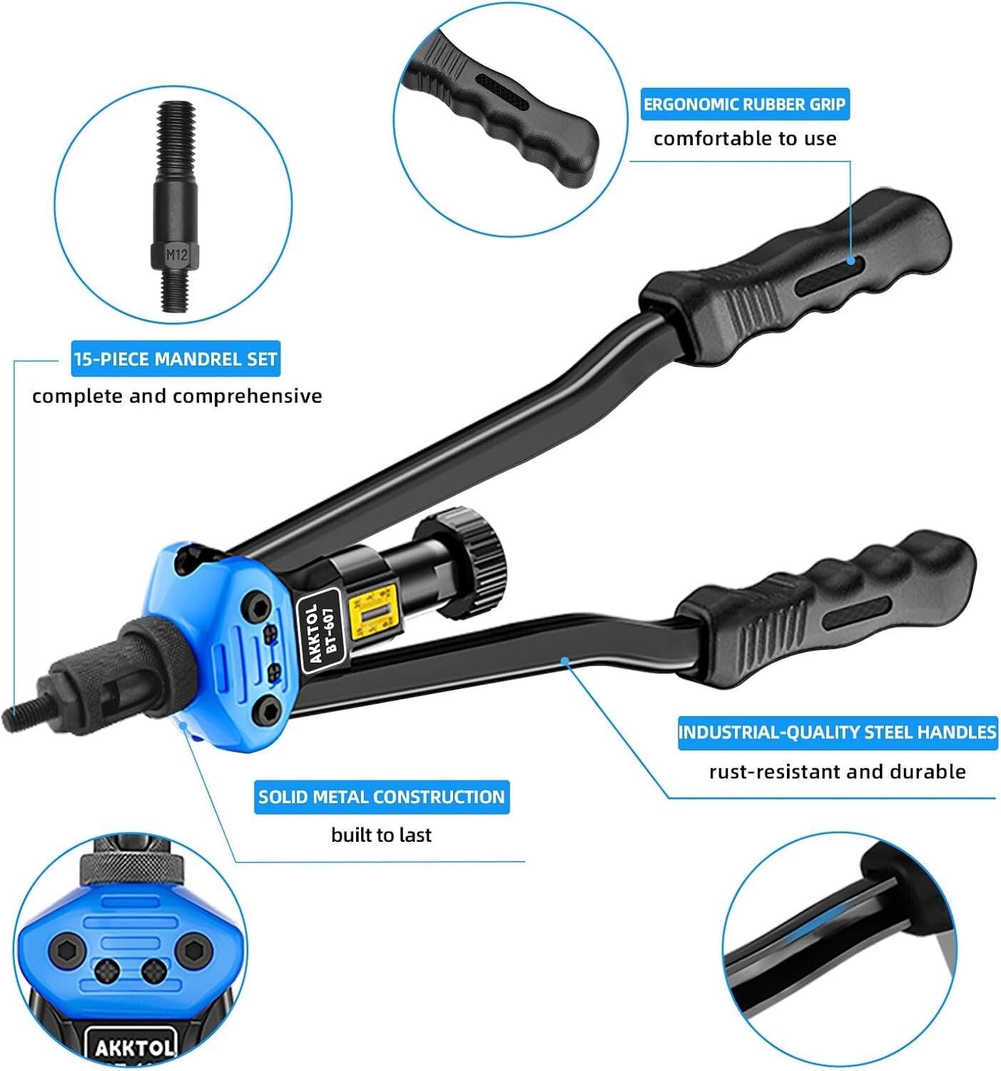 Rivet Nut Installation Tool Kit - 16" Heavy-Duty Tool with Easy Mandrel Change