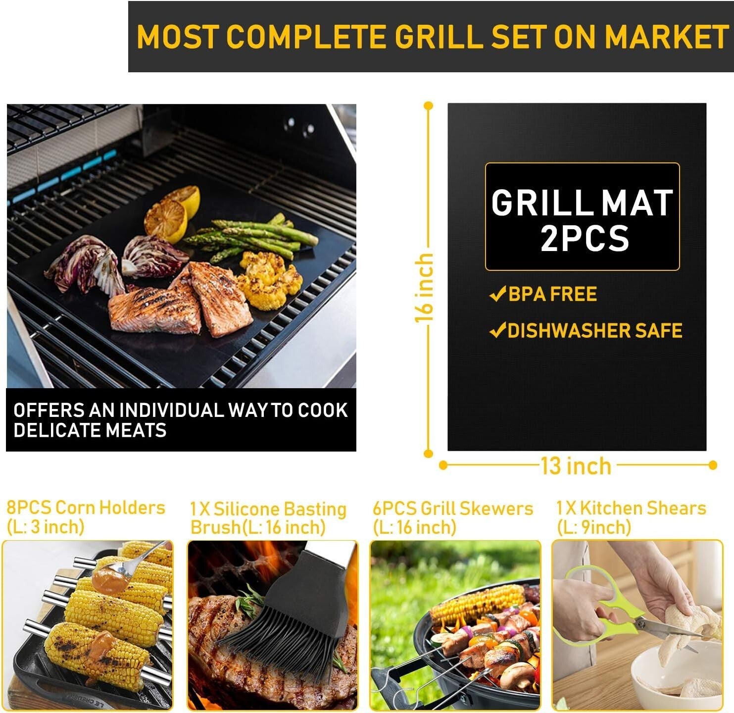 34-Piece Premium Stainless Steel BBQ Accessory Set with Thermometer & Mats