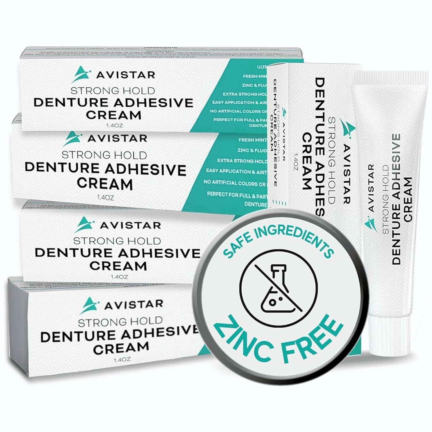 Zinc-Free Denture Adhesive Cream - 5 Pack, 8-12 Hour Hold, Natural Ingredients