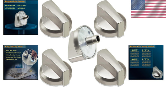 Durable 5-Pack Gas Cooktop Knobs - Stainless Steel Finish, Compatible GE