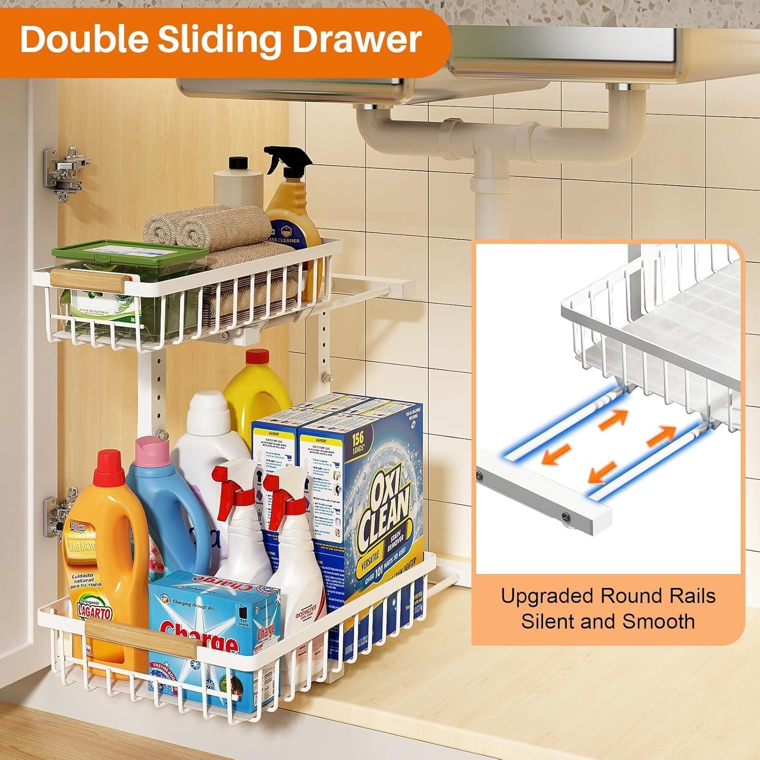 2-Tier Height Adjustable Under Sink Organizer - Space-Saving Pull Out Storage