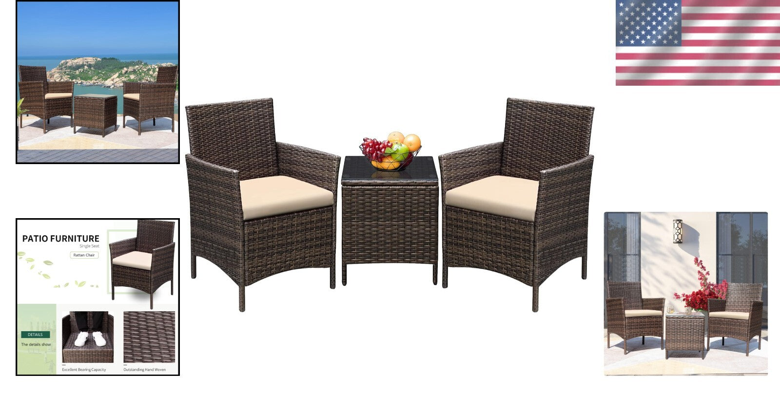 Elegant 3-Piece Outdoor PE Rattan Wicker Chairs with Soft Cushions & Glass Table