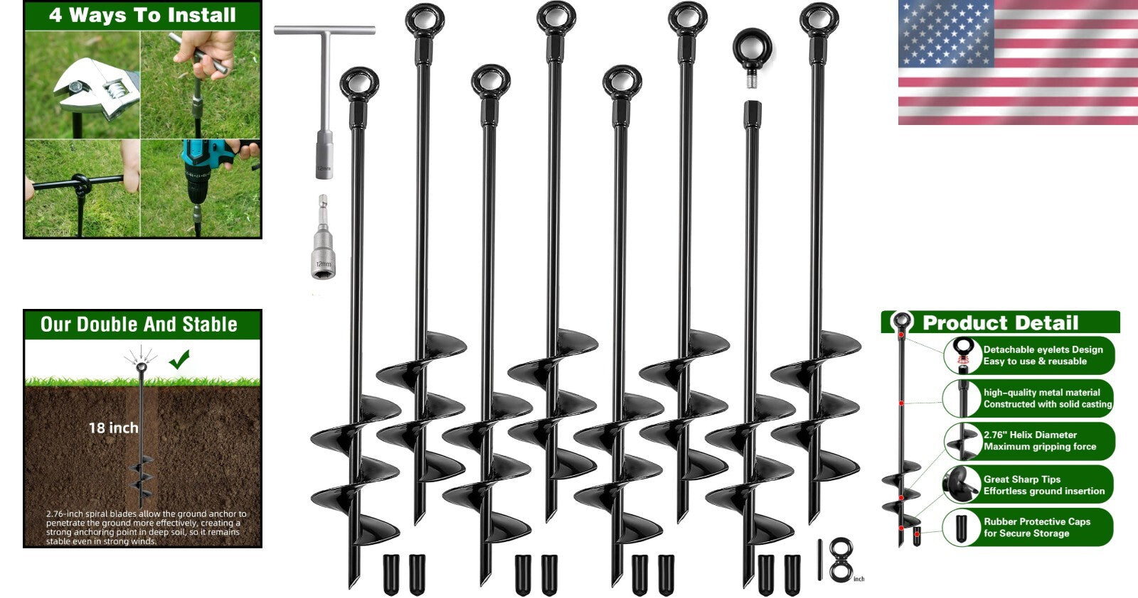 18-Inch Heavy-Duty Earth Anchor Kit - 8 Pack for Secure Outdoor Structures