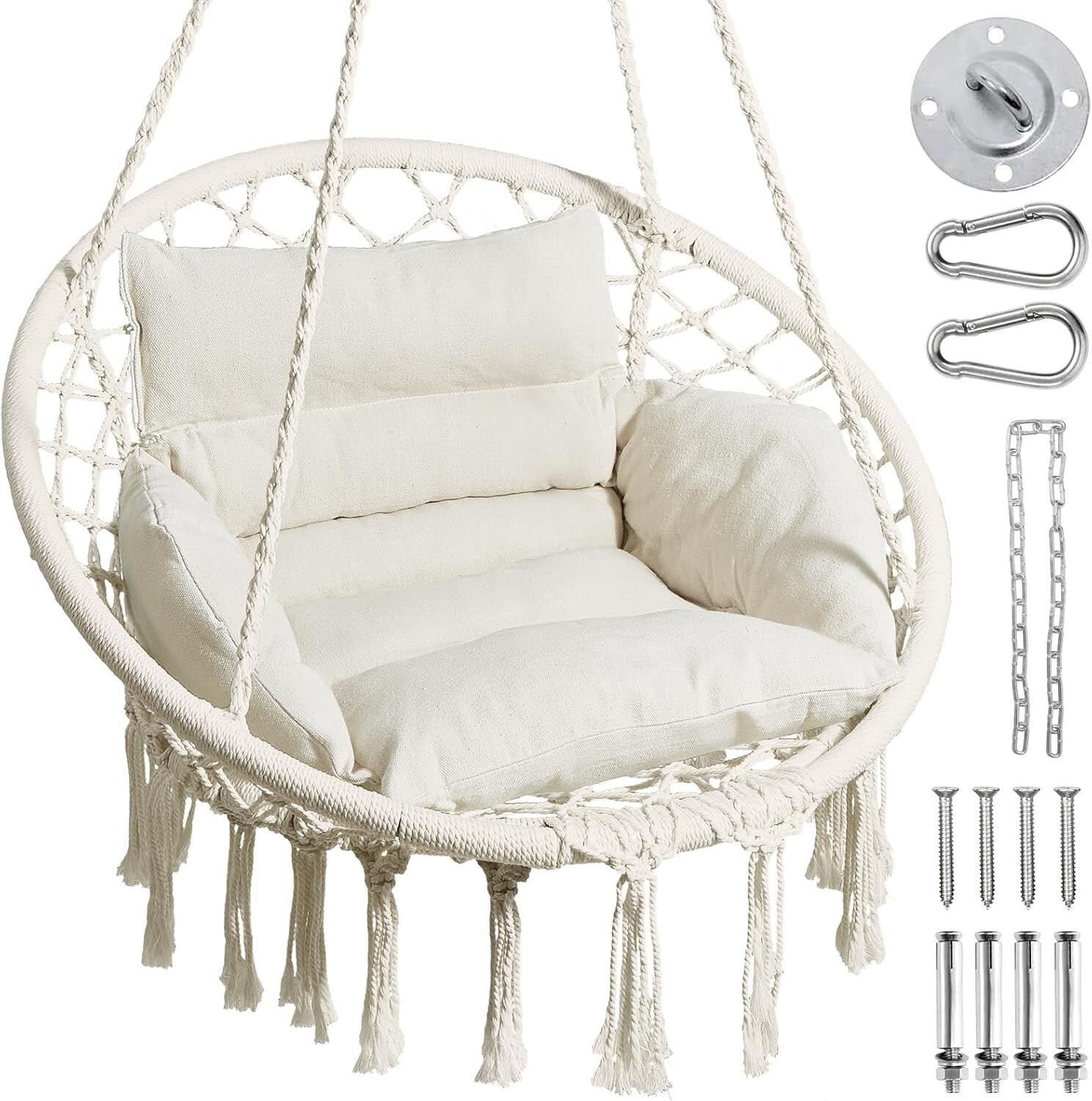 Versatile Macrame Hanging Chair with Adjustable Cushion – 330lbs Capacity, Beige