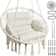 Load image into Gallery viewer, Versatile Macrame Hanging Chair with Adjustable Cushion – 330lbs Capacity, Beige