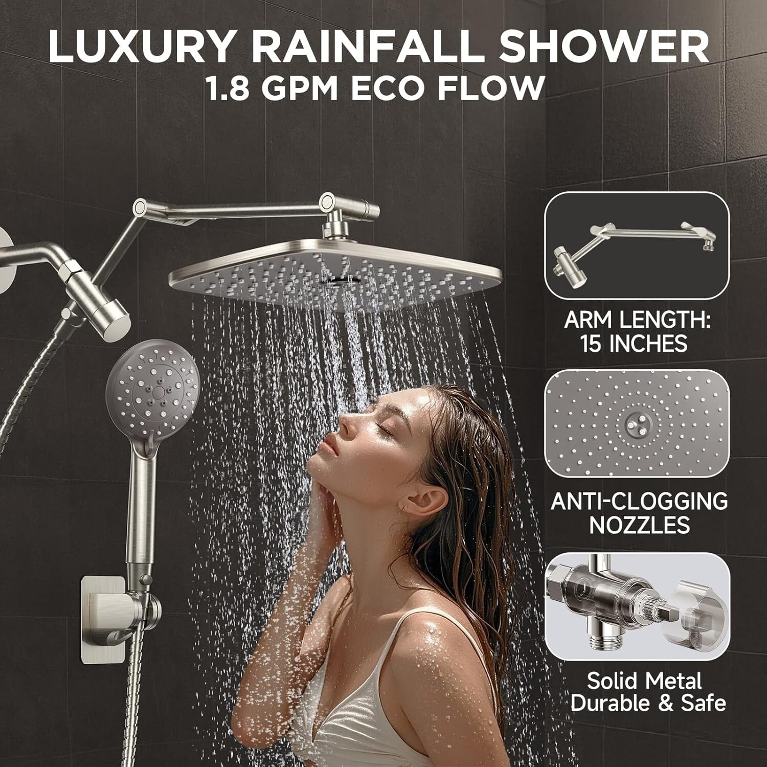 Adjustable 11.8 Inch Rain Showerhead Combo with 6 Spray Modes & Anti-Leak Design
