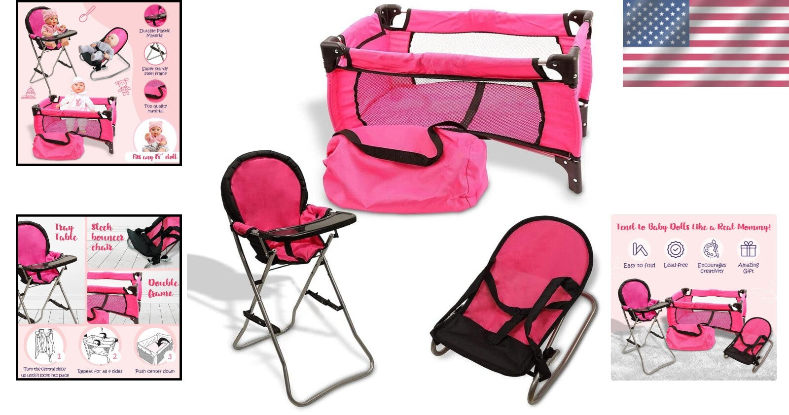 Charming 3-in-1 Baby Doll Toy Set - High Chair, Crib & Bouncer for 18-Inch Dolls