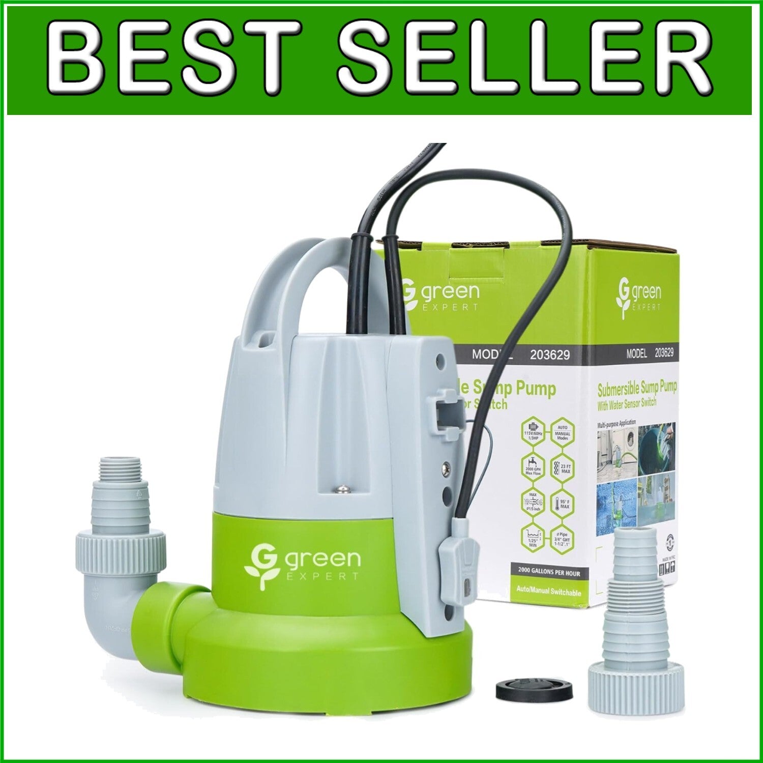 Effortless Water Removal: Green 1/3HP Submersible Pump with Automatic Function