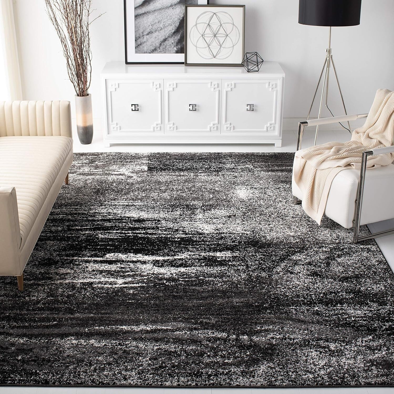 Modern Abstract Area Rug 9' x 12' - Silver & Black, Stain Resistant Elegance