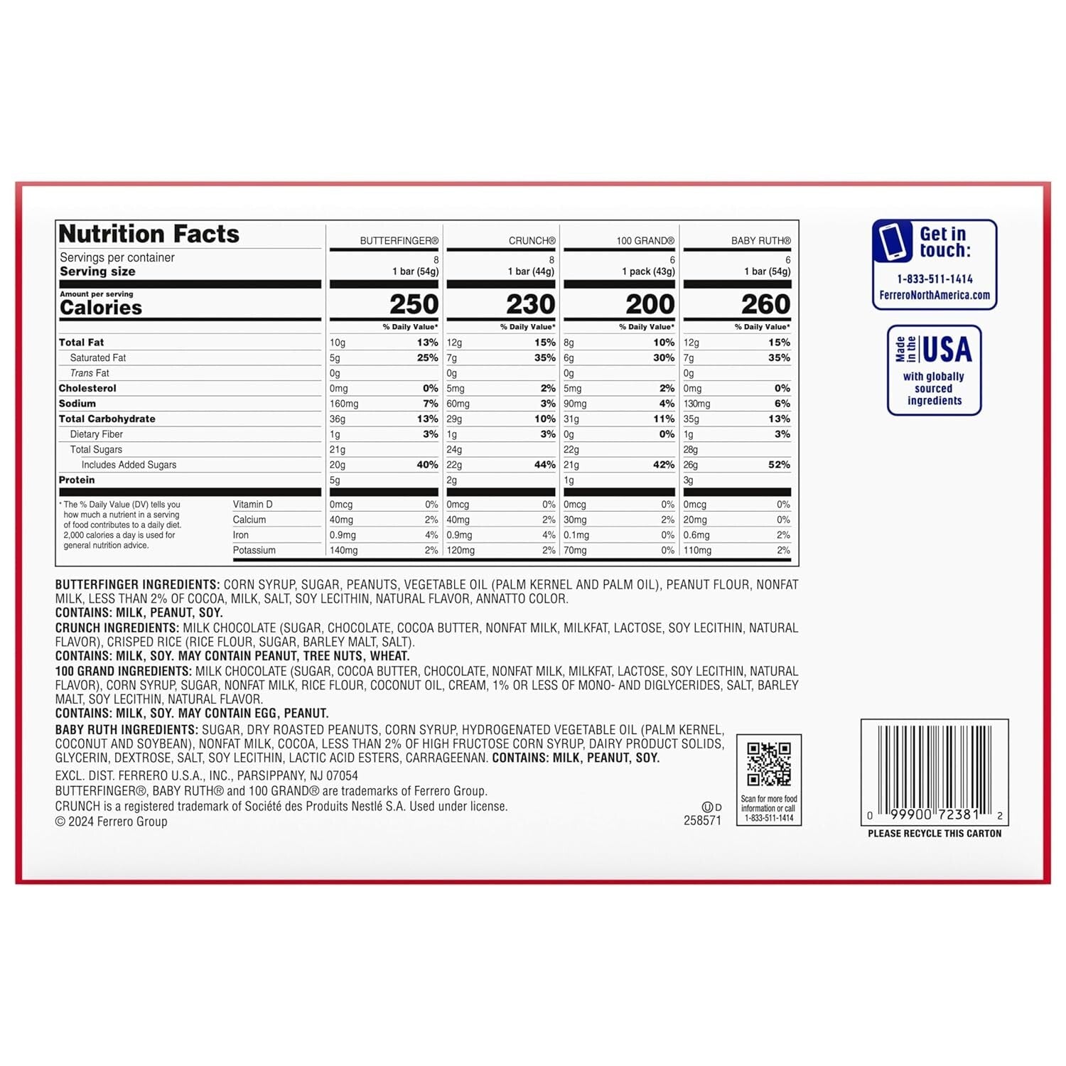 Classic Assorted Chocolate Candy Bars in Bulk - CRUNCH, Baby Ruth & 100 Grand