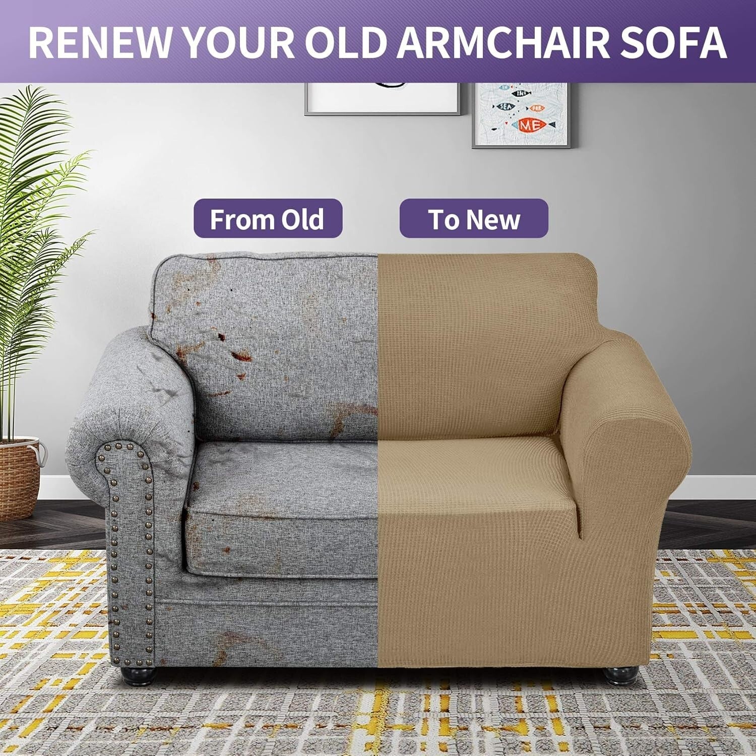 Water-Repellent Spandex Sofa Slipcover - Elastic Bottom for Secure Fit in Tan