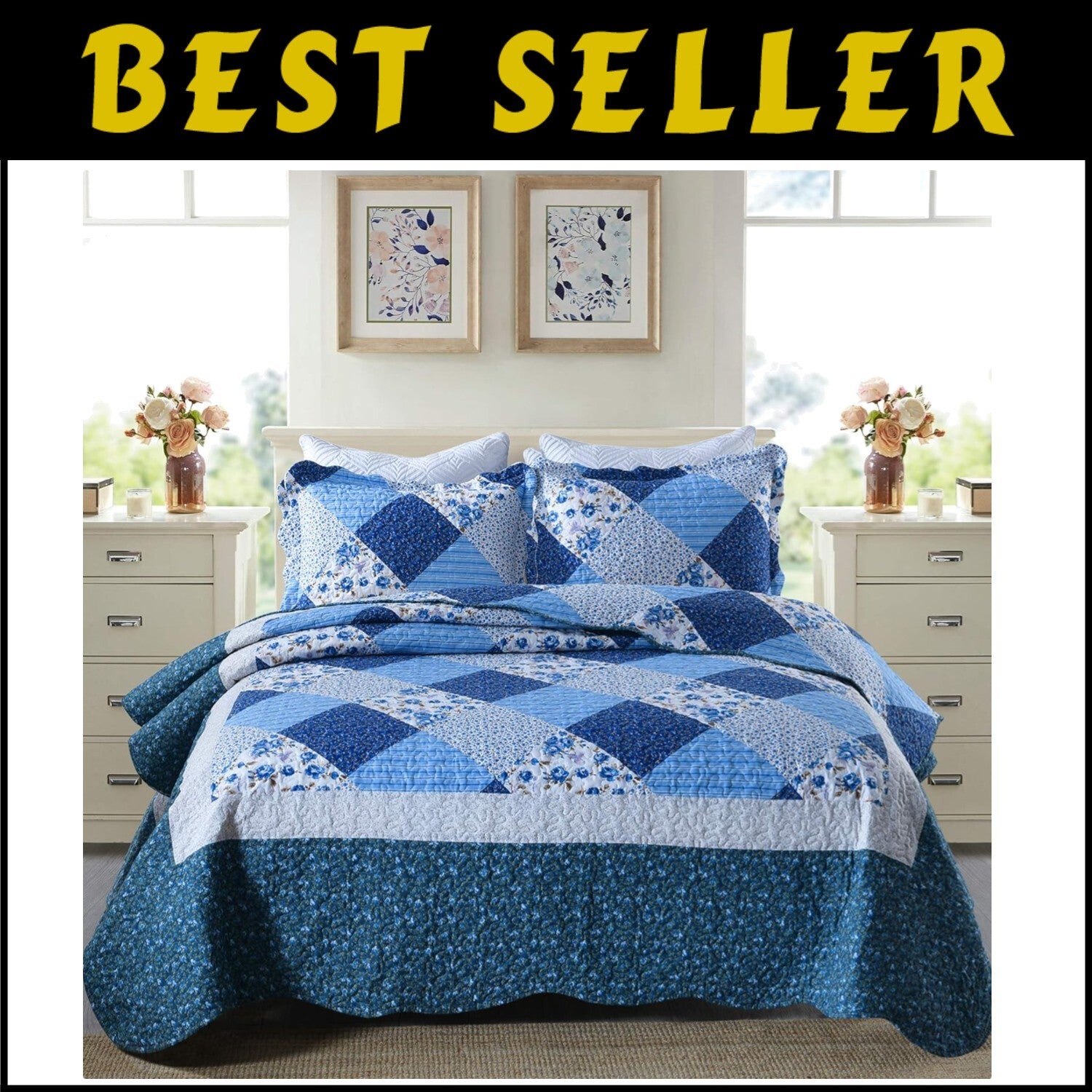 Lightweight Microfiber 3-Piece King Quilt Set with Floral Patchwork and Shams