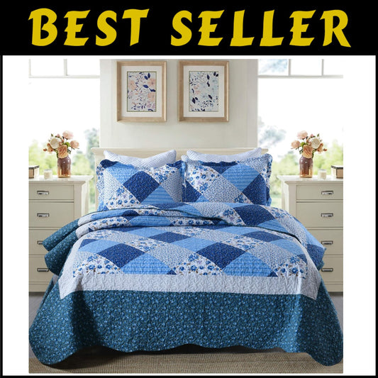 Lightweight Microfiber 3-Piece King Quilt Set with Floral Patchwork and Shams
