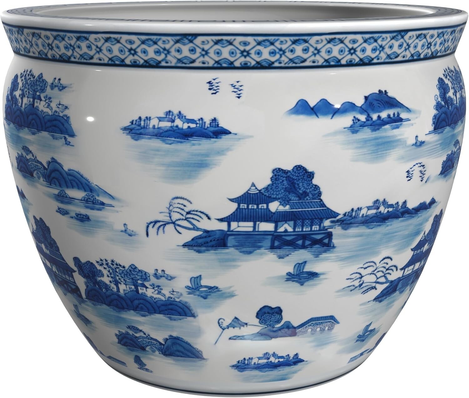 Artisanal 16" Floral Patterned Blue & White Fishbowl Planter – Timeless Elegance