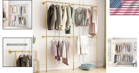Industrial Gold Wall-Mounted Clothing Rack with Double Rods for Elegant Storage